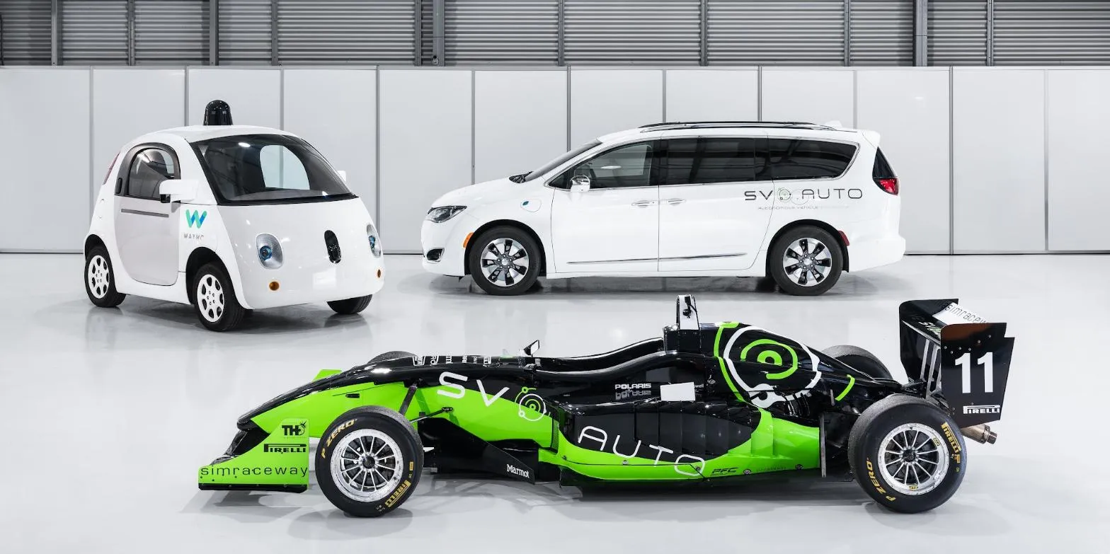A retired Google self-driving Firefly, an SVO.Auto Chrysler Pacifica test vehicle and an SVO.Auto-liveried Simraceway Formula car